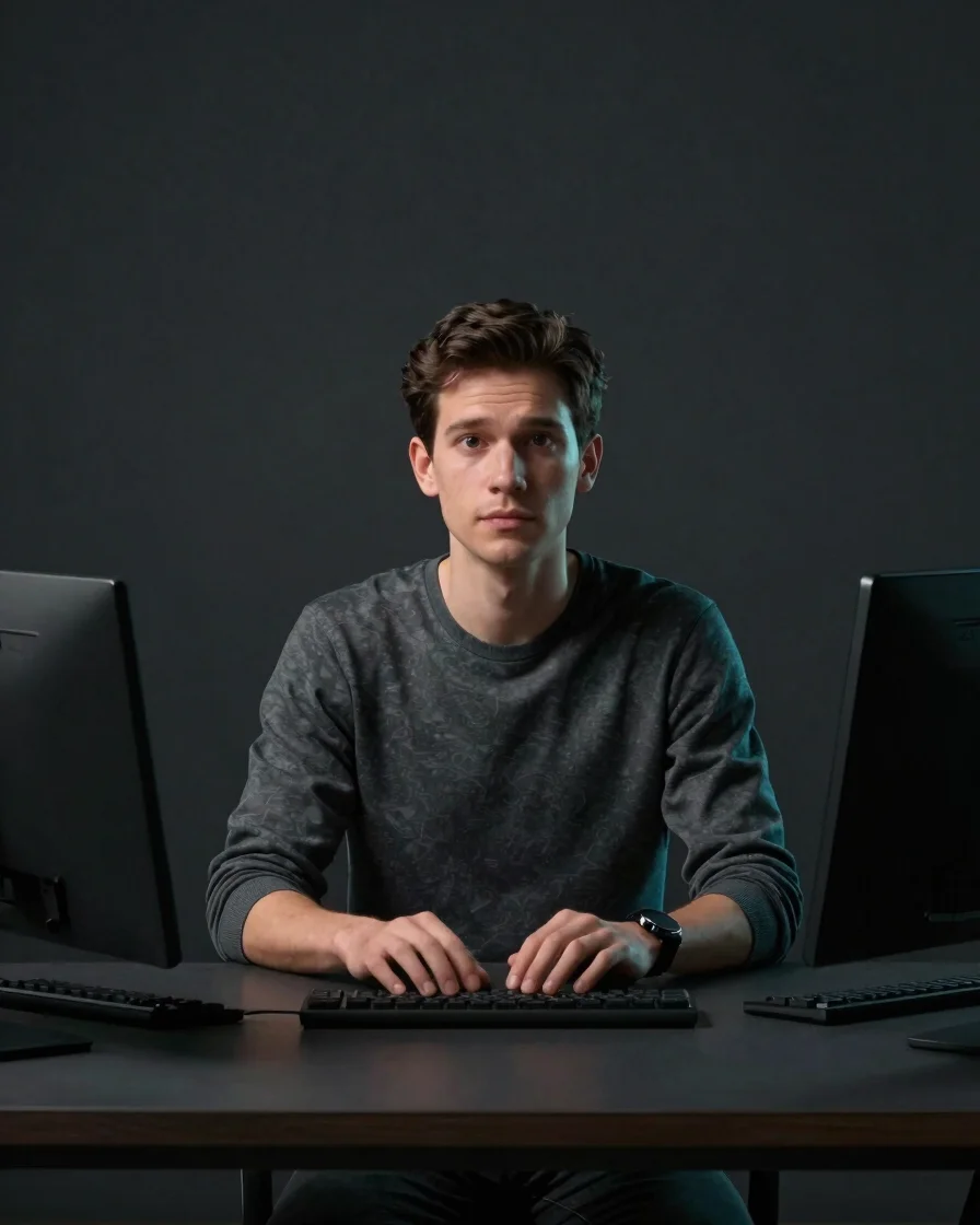 Calm, cinematic portrait of a realtime VFX artist seated at a dar